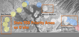 Map graphic of three State TOD priority areas on Oahu